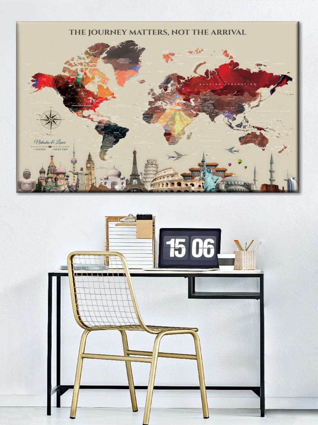 

POSTERS AND TRUSS Beige & Red World Map Painting Wall Art