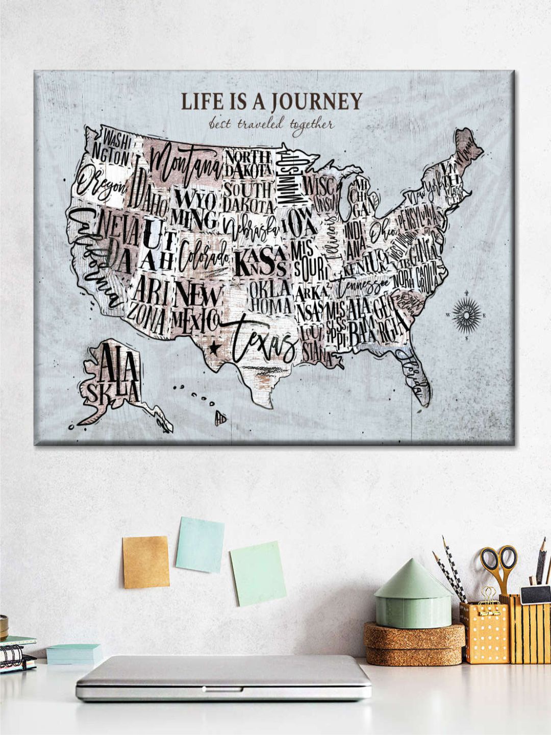 

POSTERS AND TRUSS Blue & Black World Map Printed Framed Wall Painting