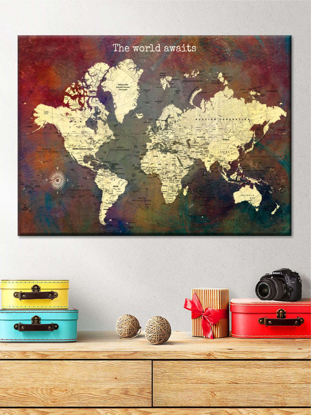 

POSTERS AND TRUSS Beige & Maroon World Map Printed Framed Wall Art