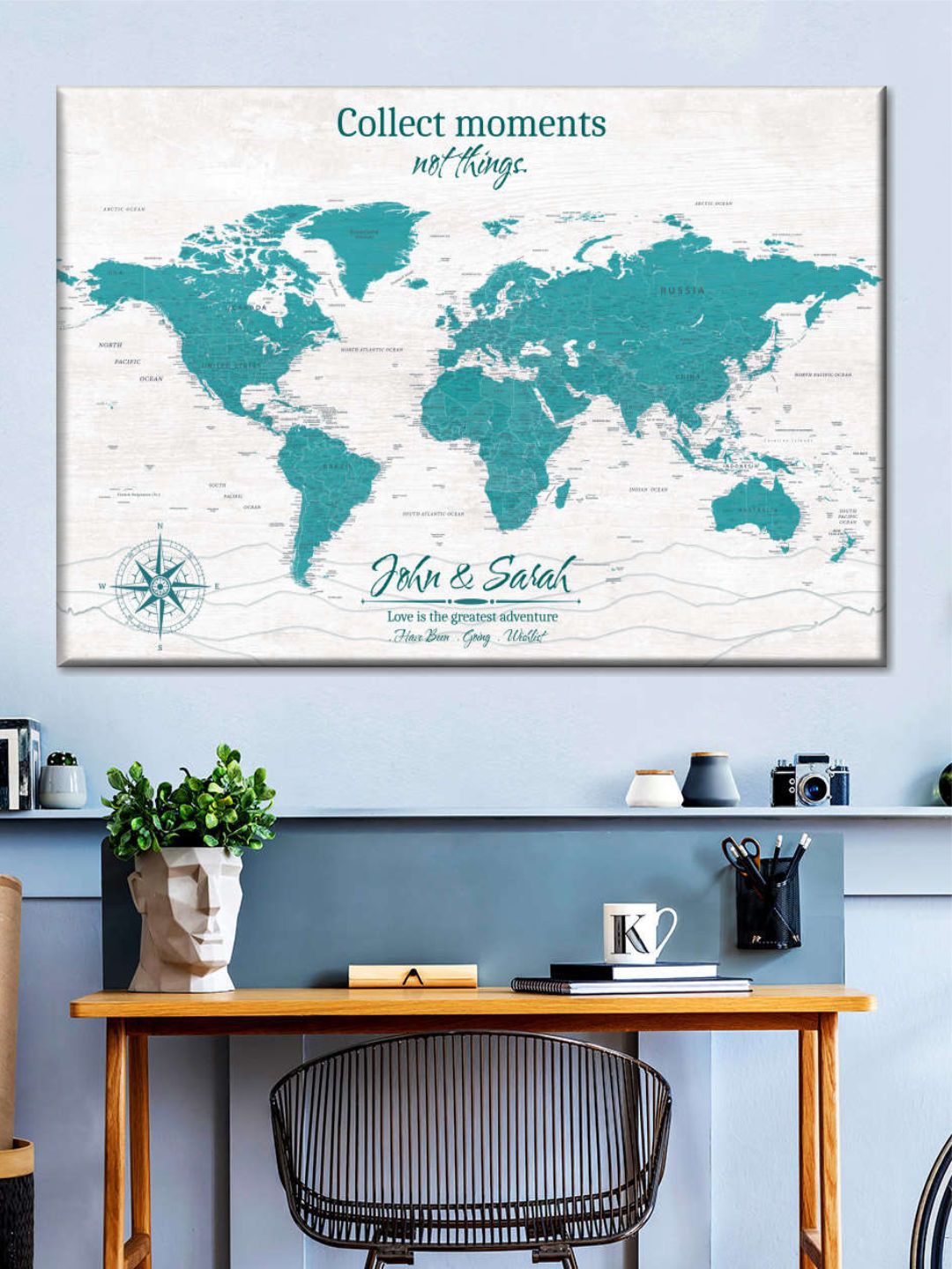 

POSTERS AND TRUSS Blue & White World Map Printed Wall Art