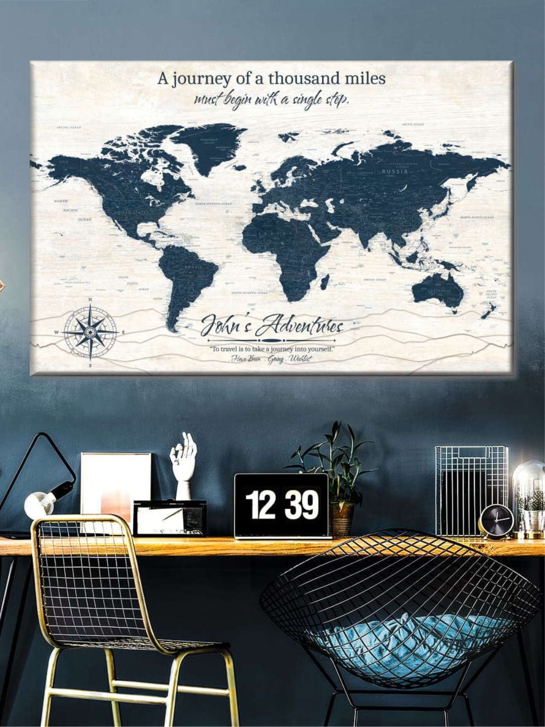 

POSTERS AND TRUSS White & Teal Blue World Map Wall Art