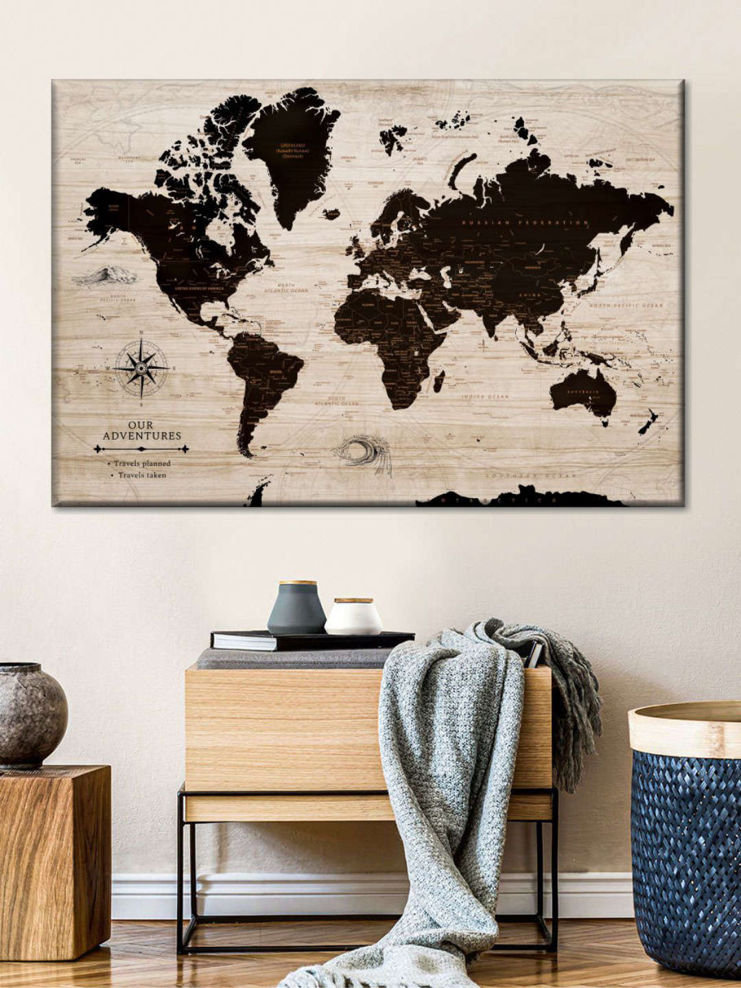 

POSTERS AND TRUSS Black & Beige World Map Printed Framed Wall Art