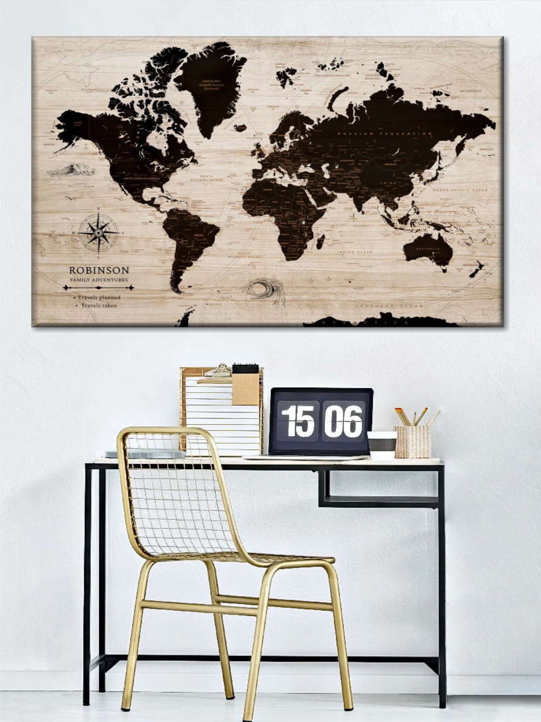 

POSTERS AND TRUSS Beige & Black World Map Printed Wall Art