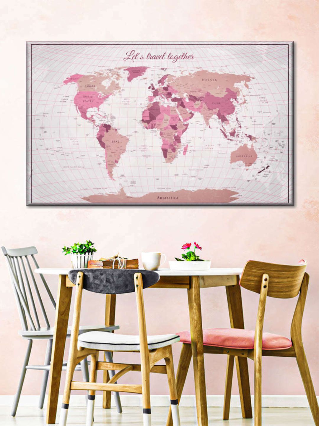 

POSTERS AND TRUSS White & Pink World Map Painting Wall Art