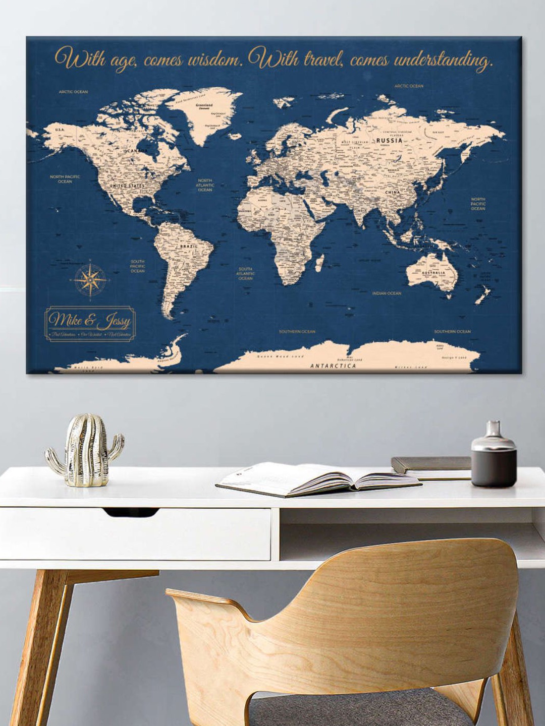 

POSTERS AND TRUSS Blue & Peach Coloured World Map Printed Wall Art