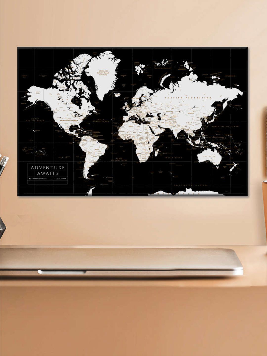 

POSTERS AND TRUSS Black & White World Map Printed Wall Art