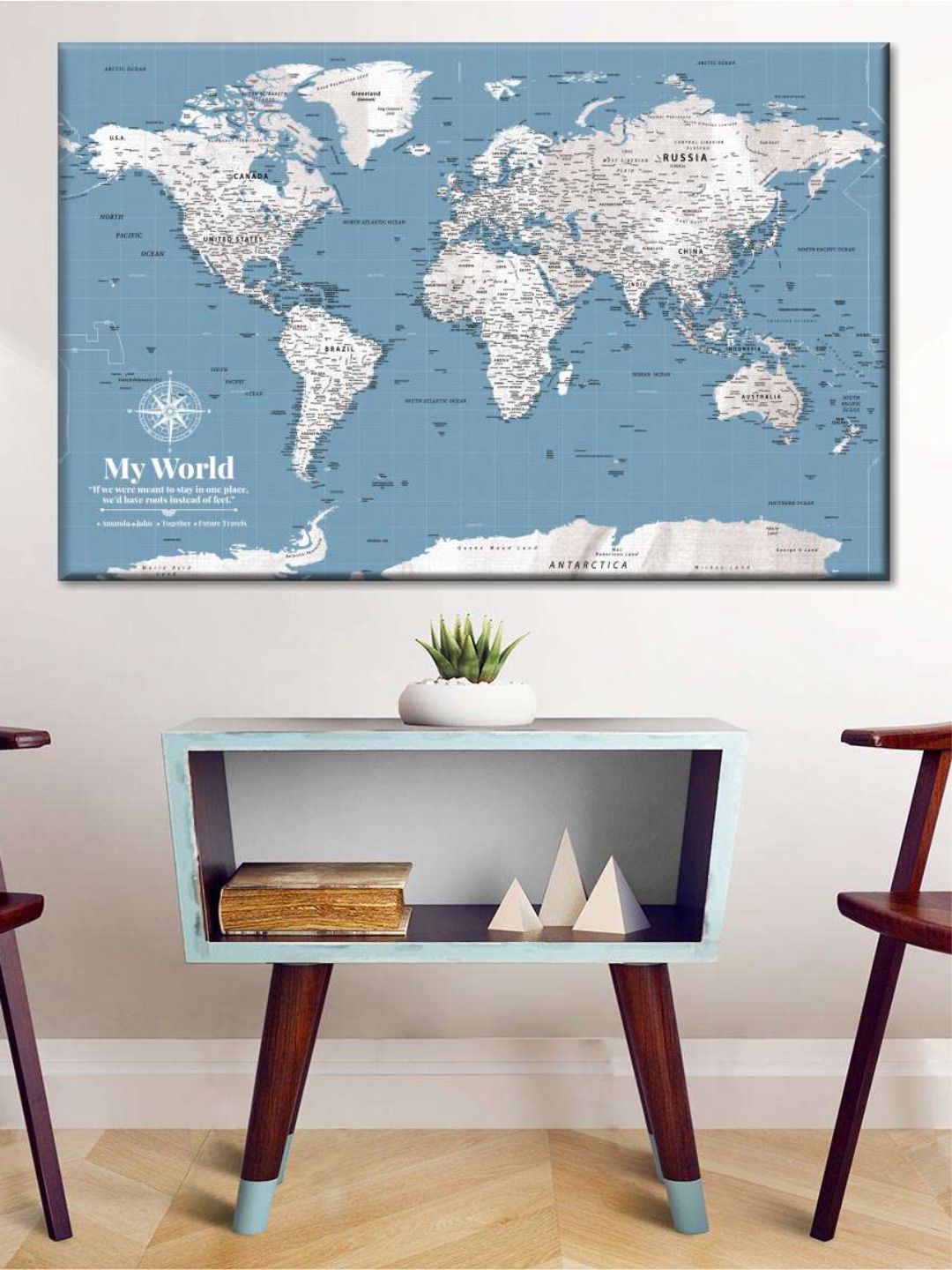 

POSTERS AND TRUSS Blue & White World Map Wall Art