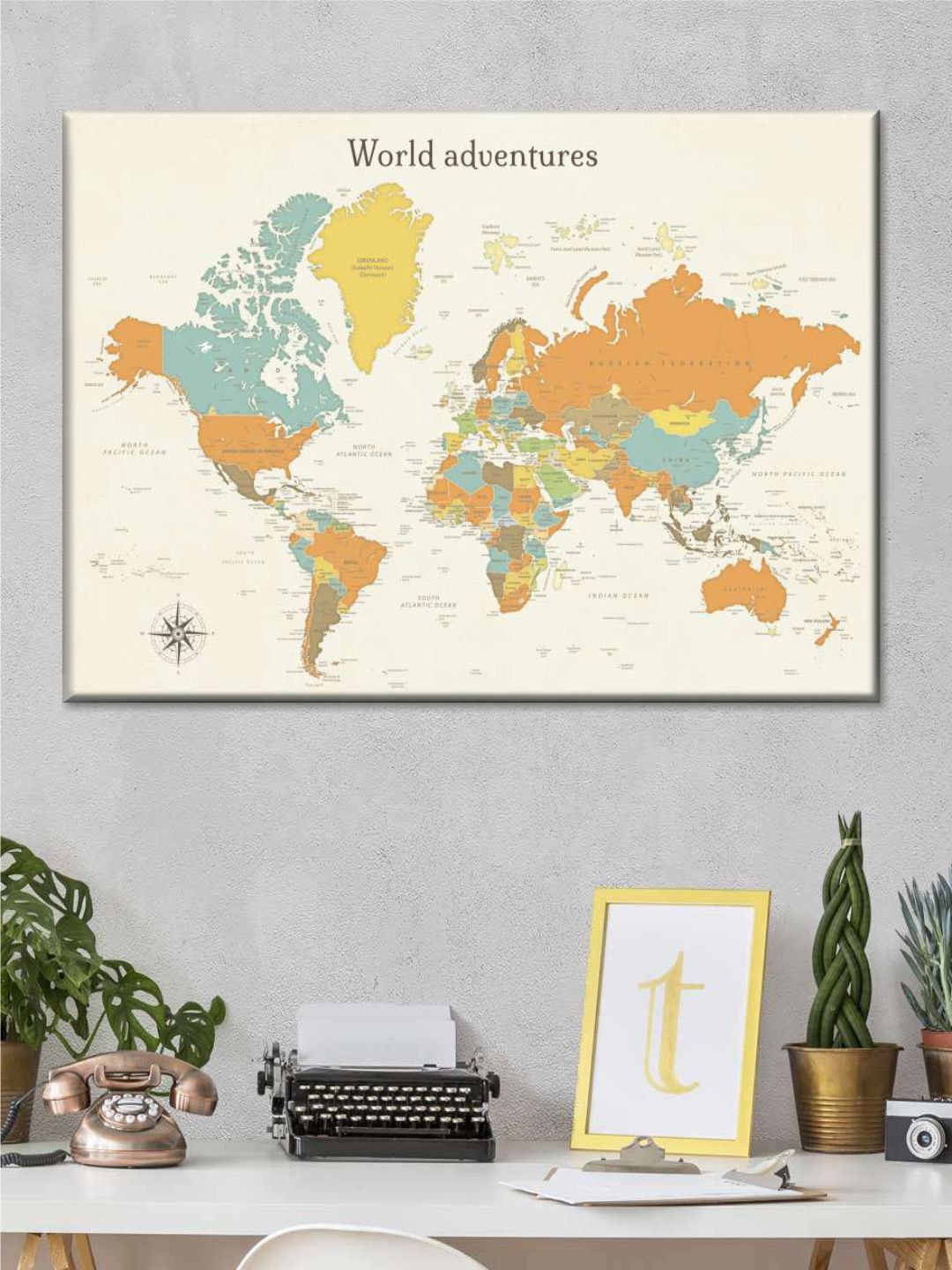 

POSTERS AND TRUSS White & Orange colored World Map Painting Wall Art