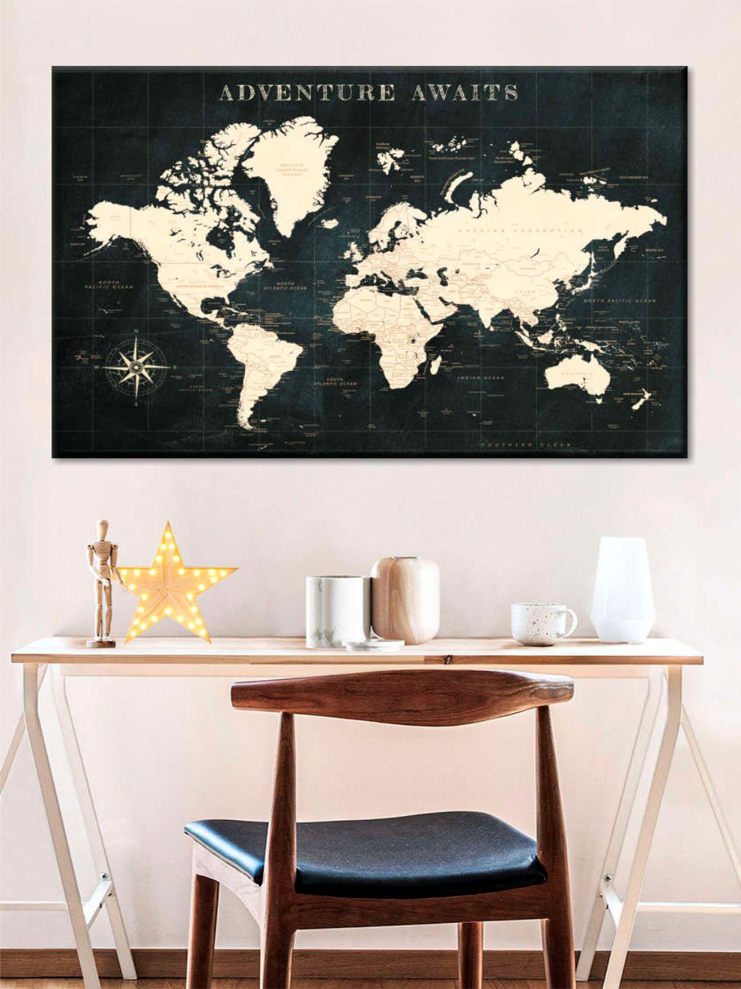 

POSTERS AND TRUSS Black & Off White World Map Printed Framed Wall Art