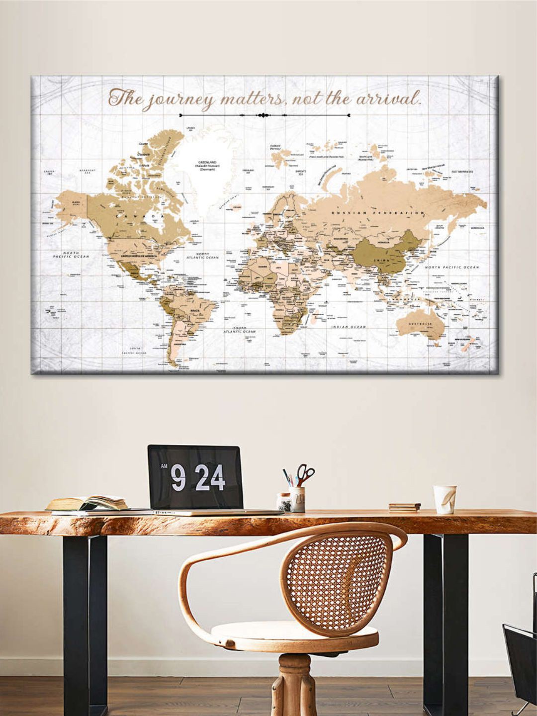 

POSTERS AND TRUSS Beige & Grey World Map Printed Wall Art