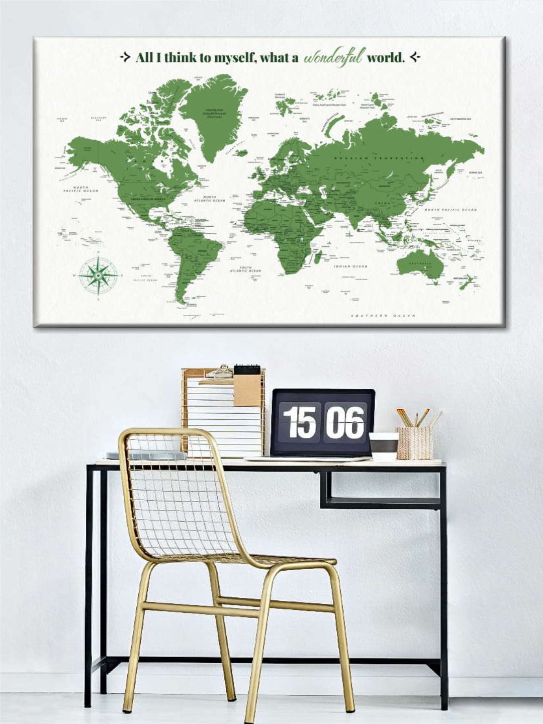

POSTERS AND TRUSS White & Green World Map Wall Art