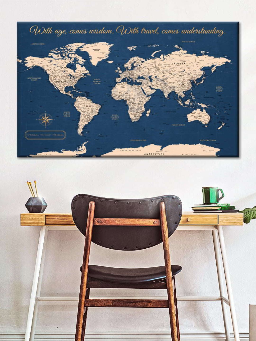 

POSTERS AND TRUSS Blue & Beige World Map Wall Art