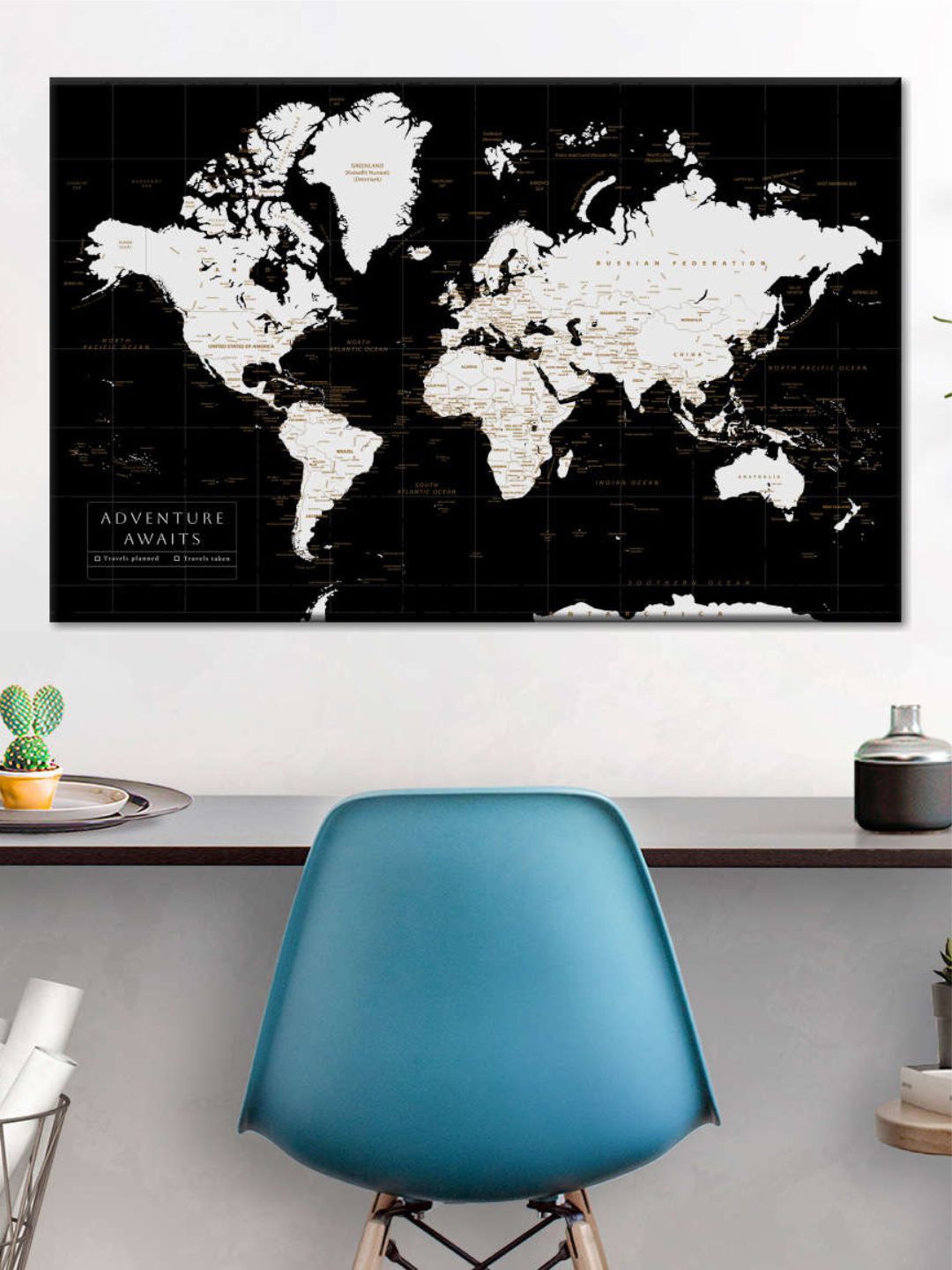 

POSTERS AND TRUSS Black White & Beige World Map Painting Wall Art