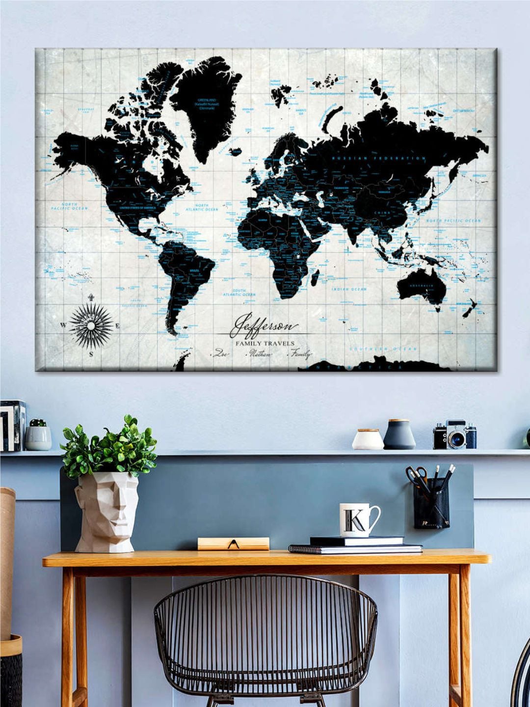 

POSTERS AND TRUSS Off White & Black World Map Printed Wall Art