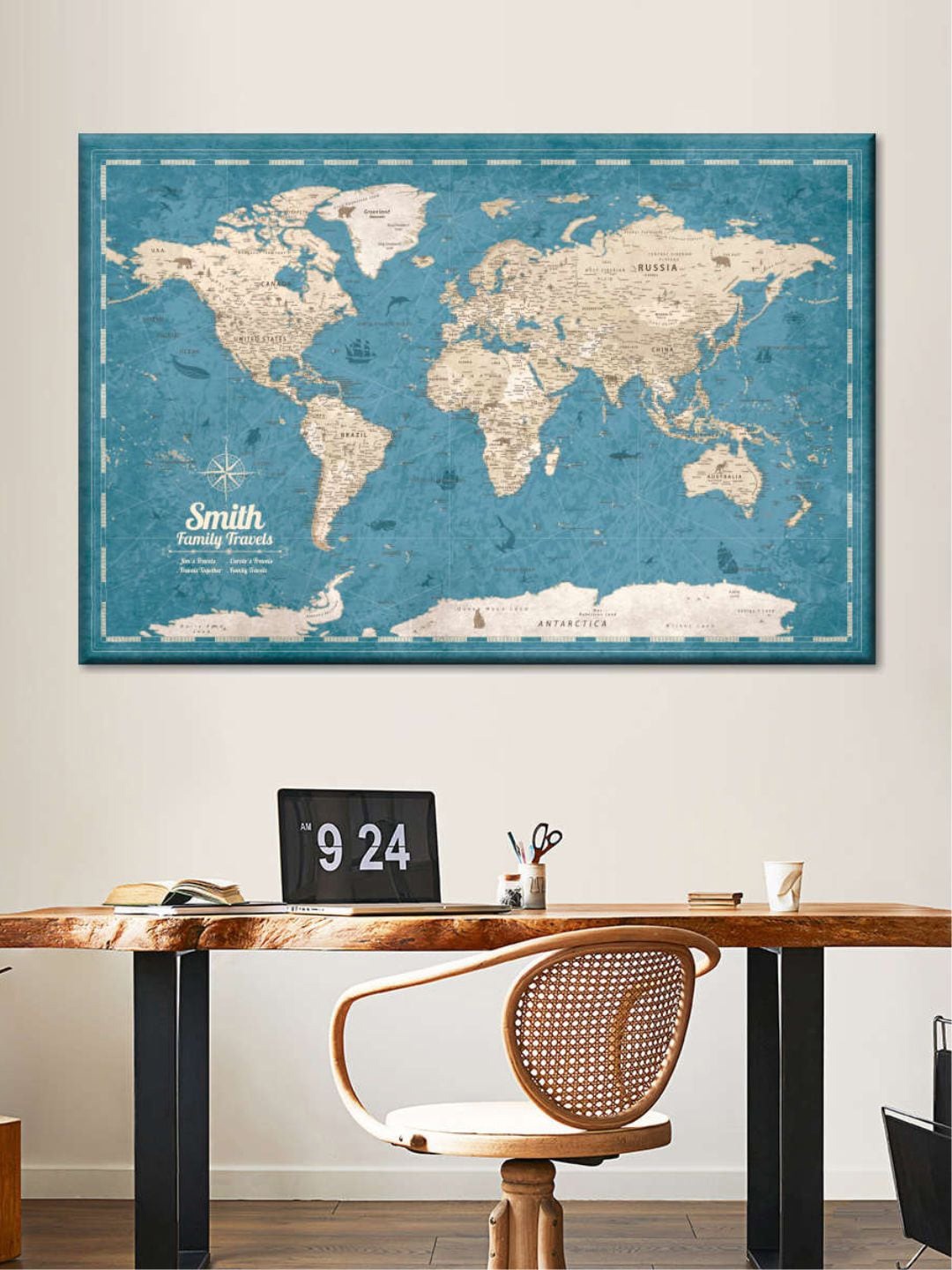 

POSTERS AND TRUSS Blue & Beige World Map Painting Wall Art