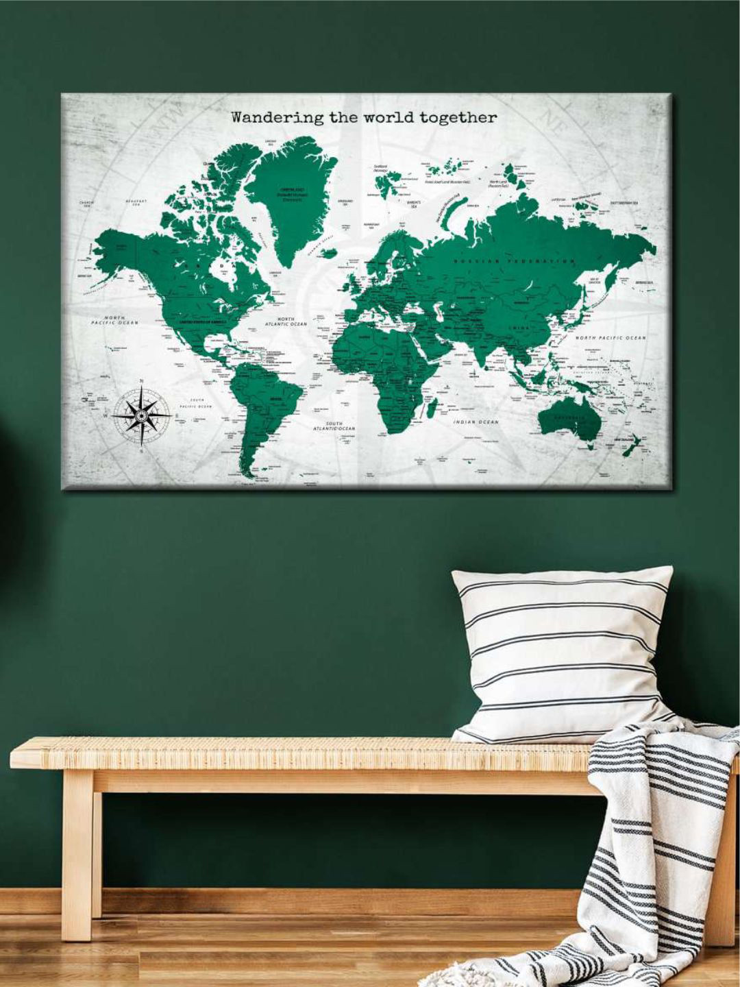 

POSTERS AND TRUSS Green & White World Map Painting Wall Art