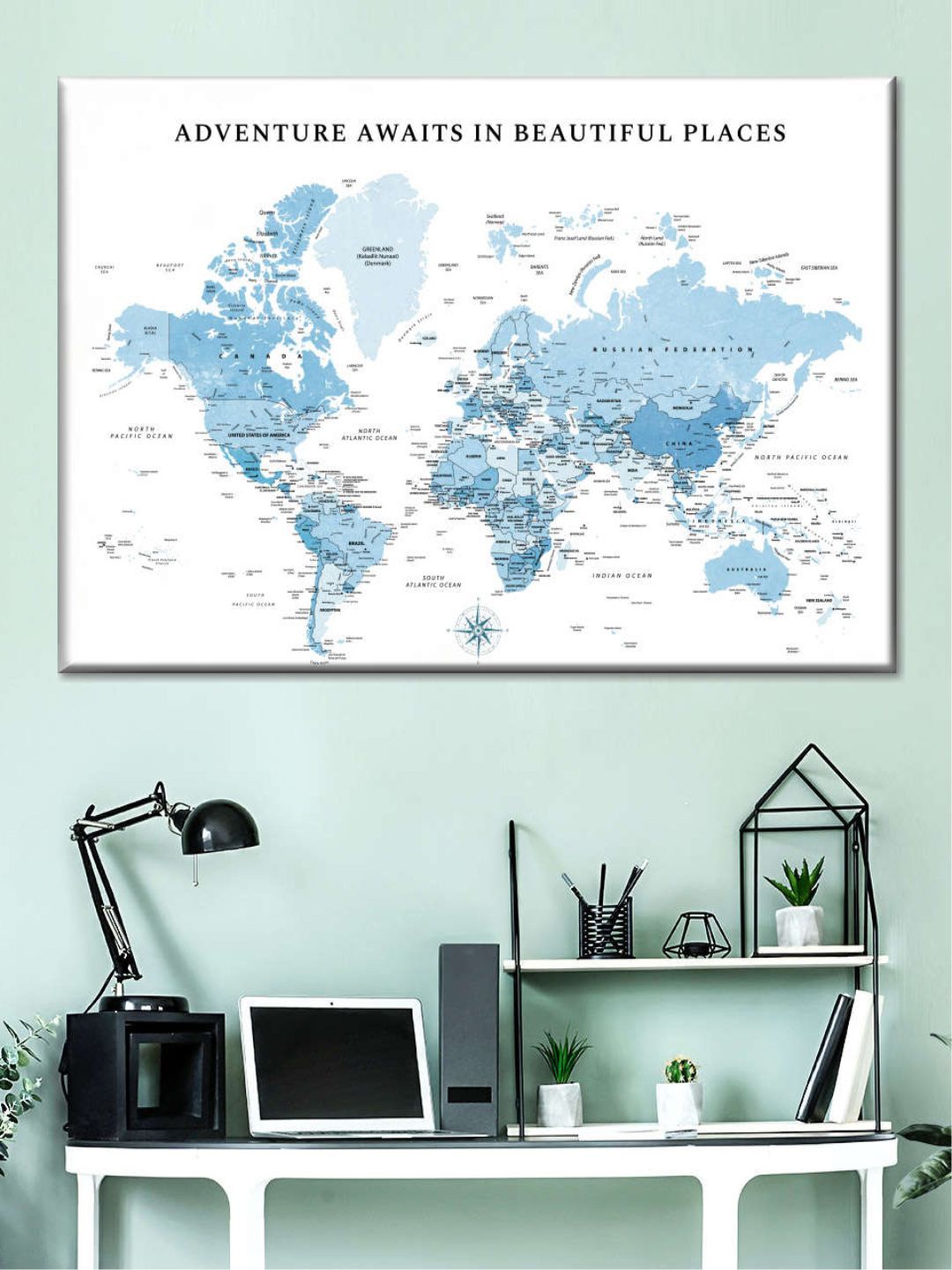 

POSTERS AND TRUSS Blue & White World Map Wall Art