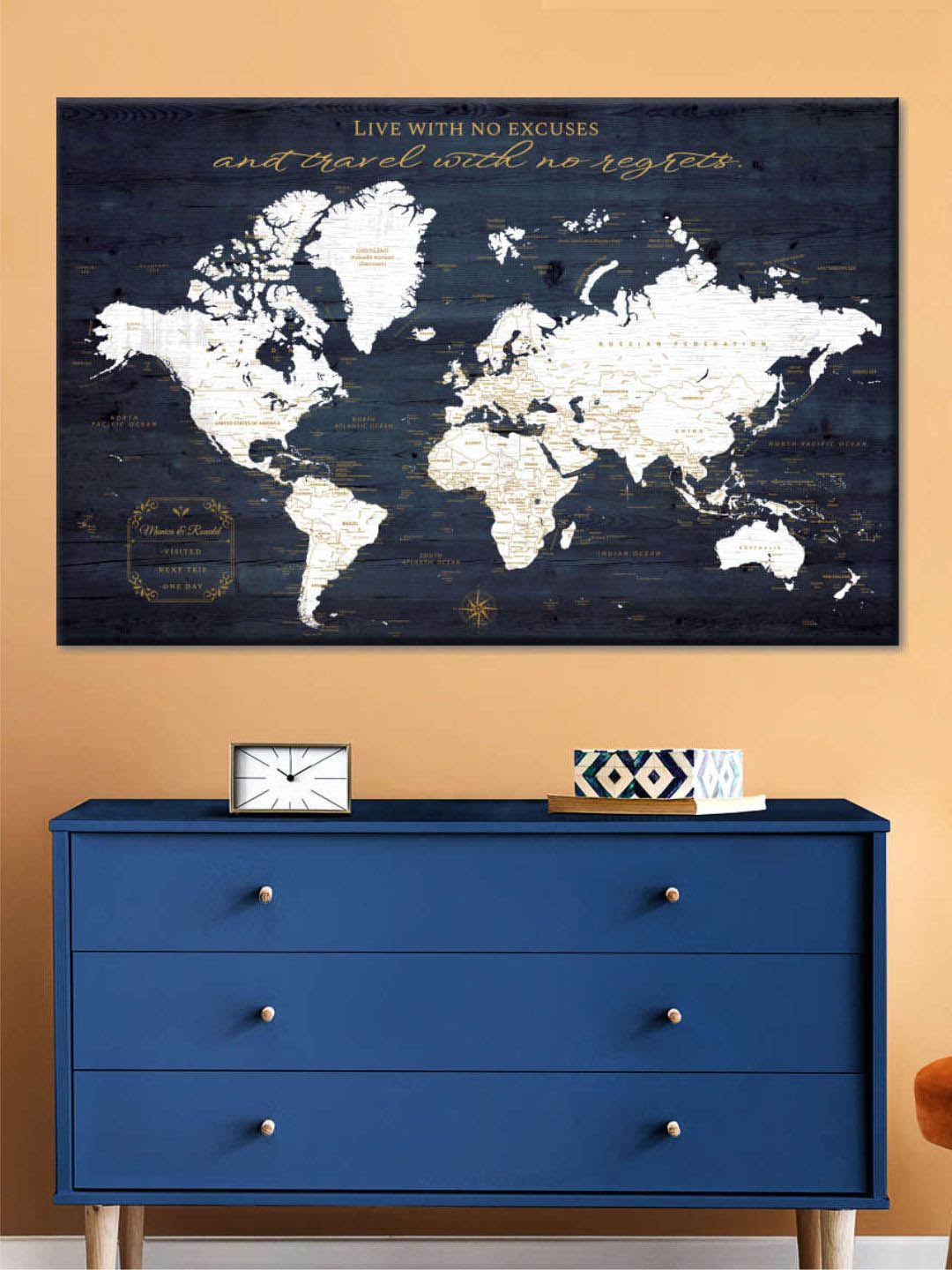 

POSTERS AND TRUSS Navy Blue & White World Map Printed Wall Art