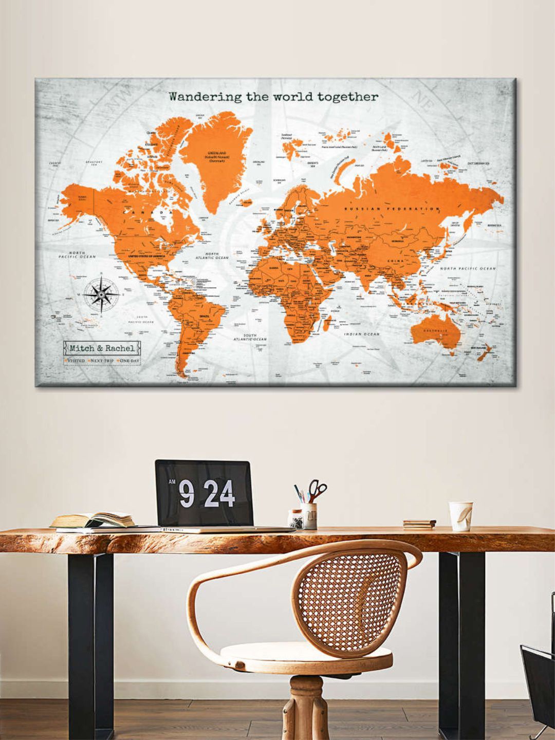 

POSTERS AND TRUSS Grey & Orange Coloured World Map Printed Wall Art