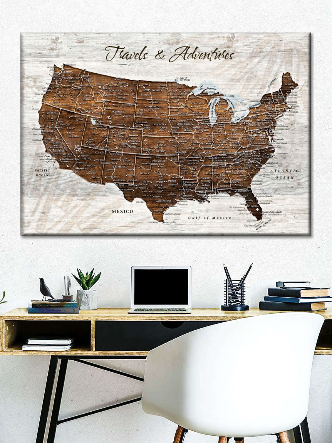 

POSTERS AND TRUSS Beige & Brown World Map Printed Wall Art, White