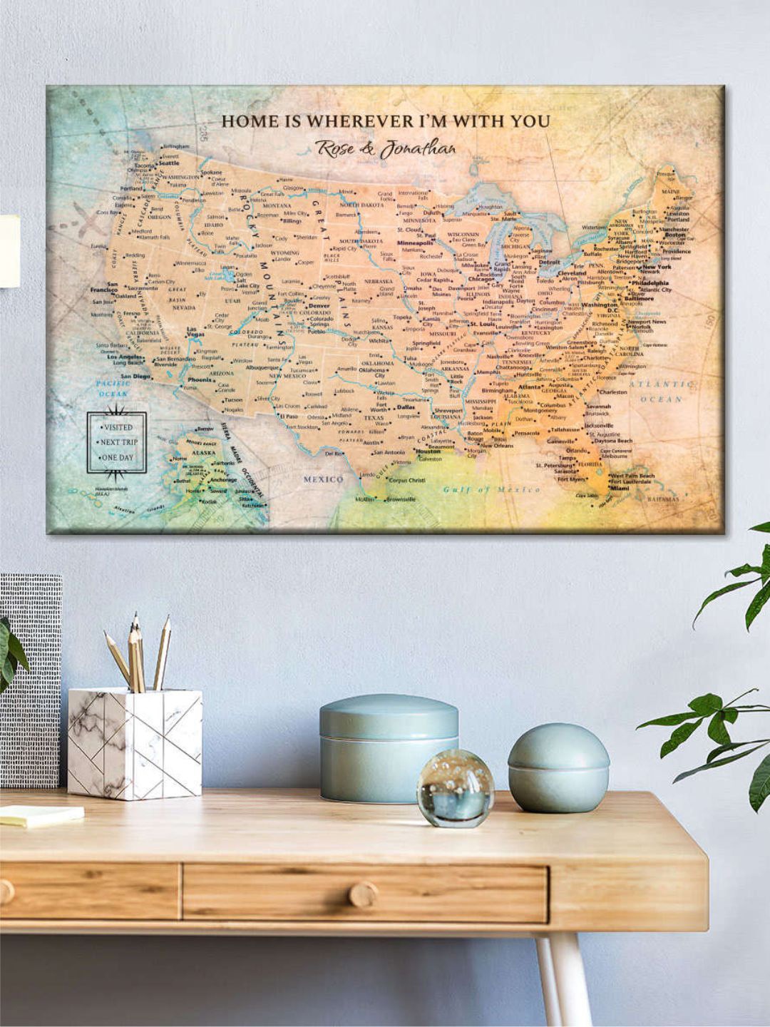 

POSTERS AND TRUSS Blue & Yellow World Map Printed Framed Wall Art