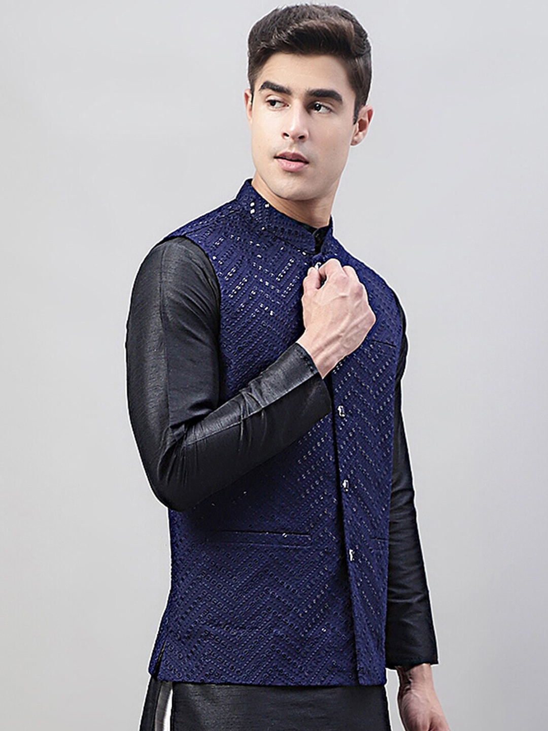 

Jompers Mandarin Collar Embroidered Sequins Nehru Jacket, Navy blue