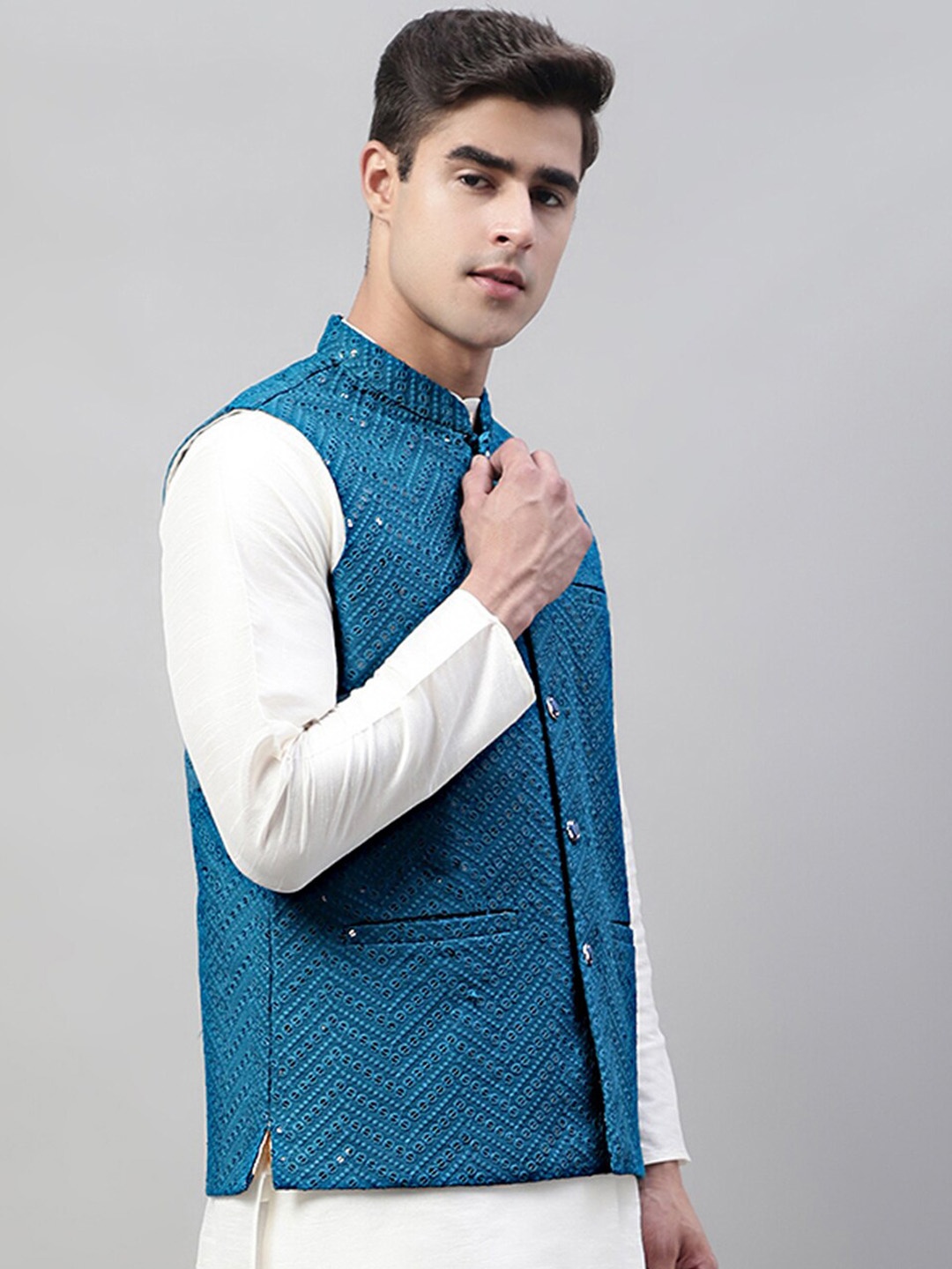 

Jompers Mandarin Collar Embroidered Sequins Nehru Jacket, Teal