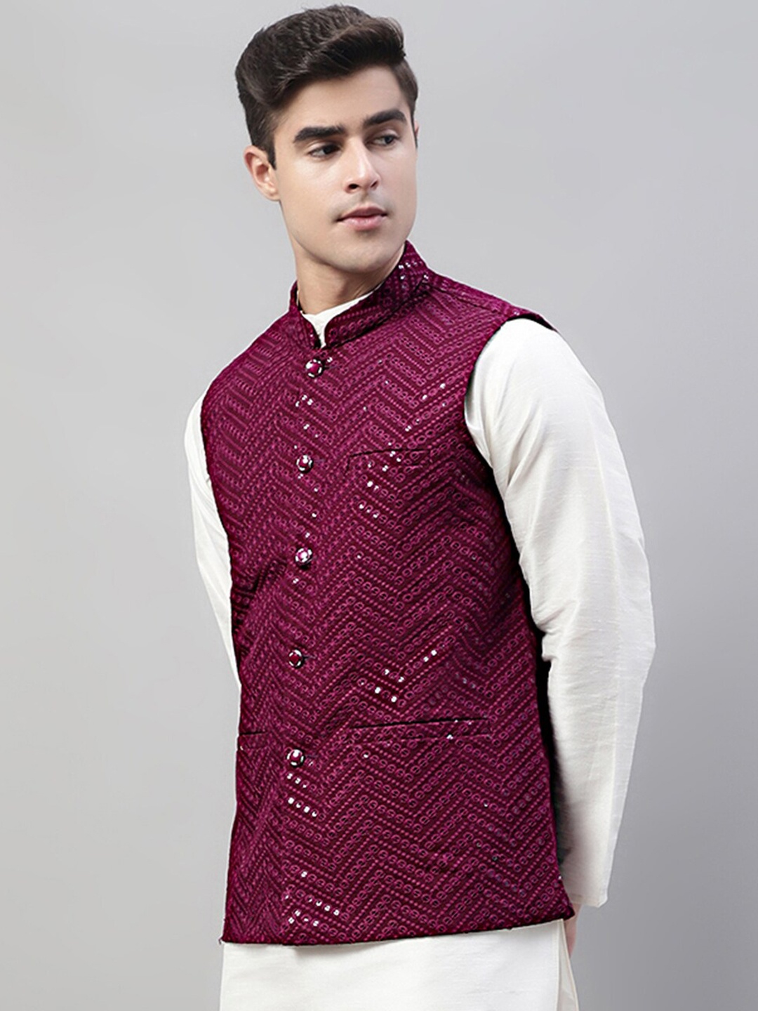 

Jompers Mandarin Collar Embroidered Sequins Nehru Jacket, Purple