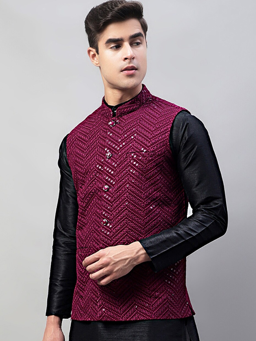 

Jompers Mandarin Collar Embroidered Sequins Nehru Jacket, Purple