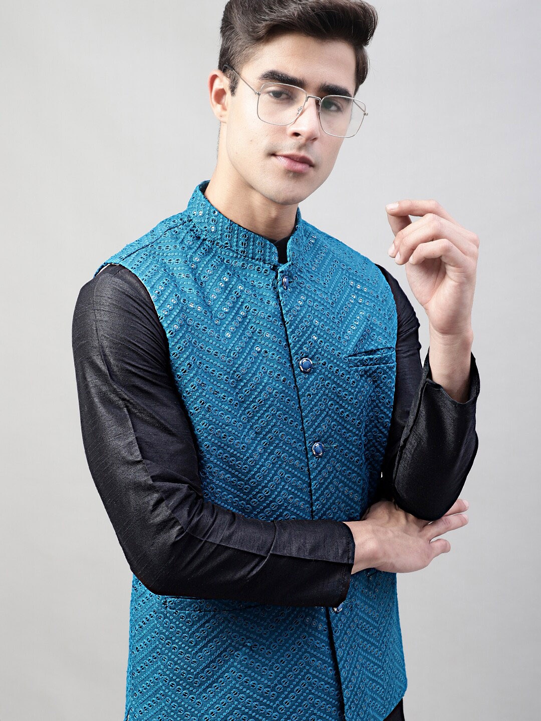 

Jompers Mandarin Collar Embroidered Sequins Nehru Jacket, Blue