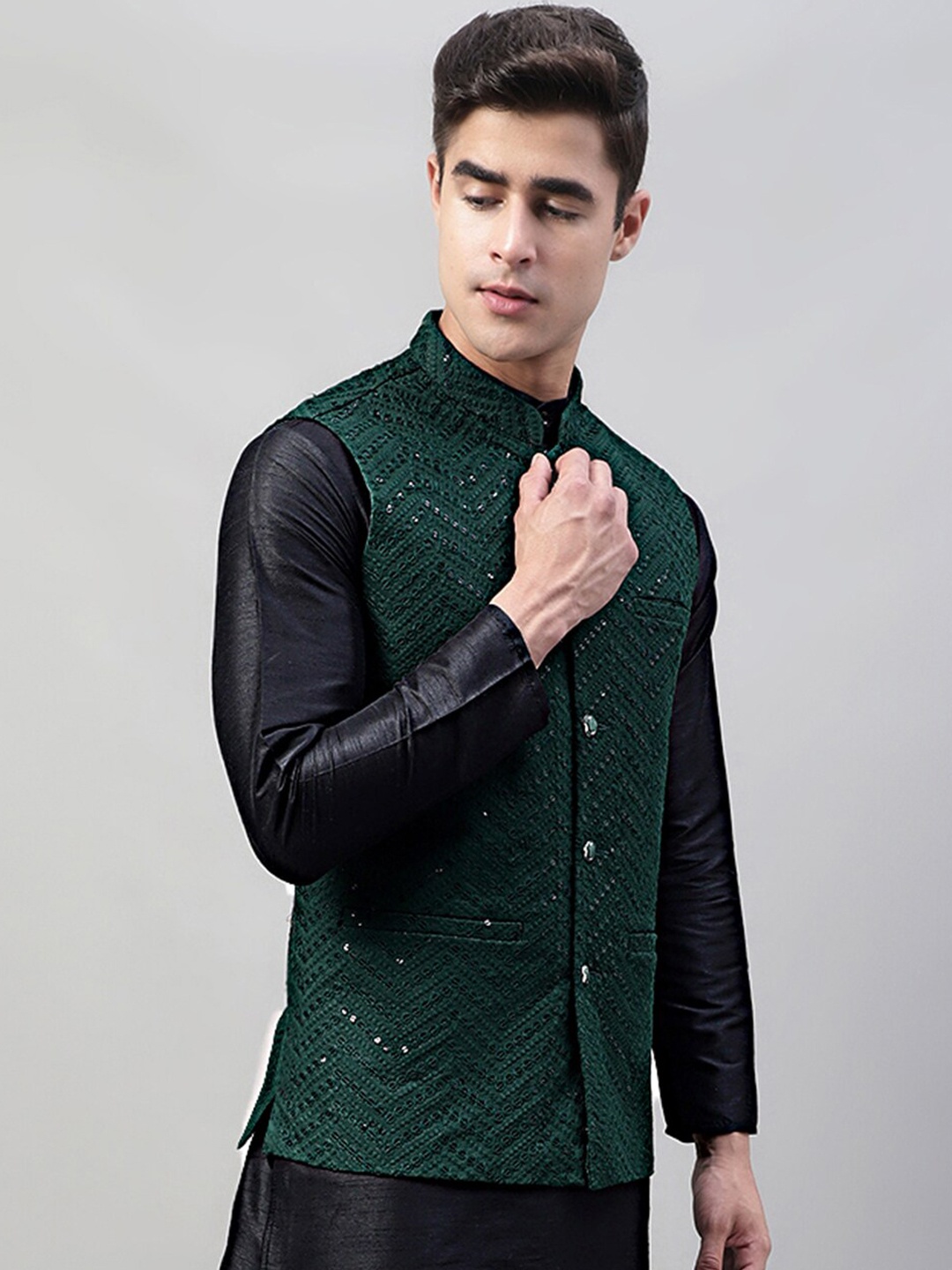 

Jompers Mandarin Collar Embroidered Sequins Nehru Jacket, Olive