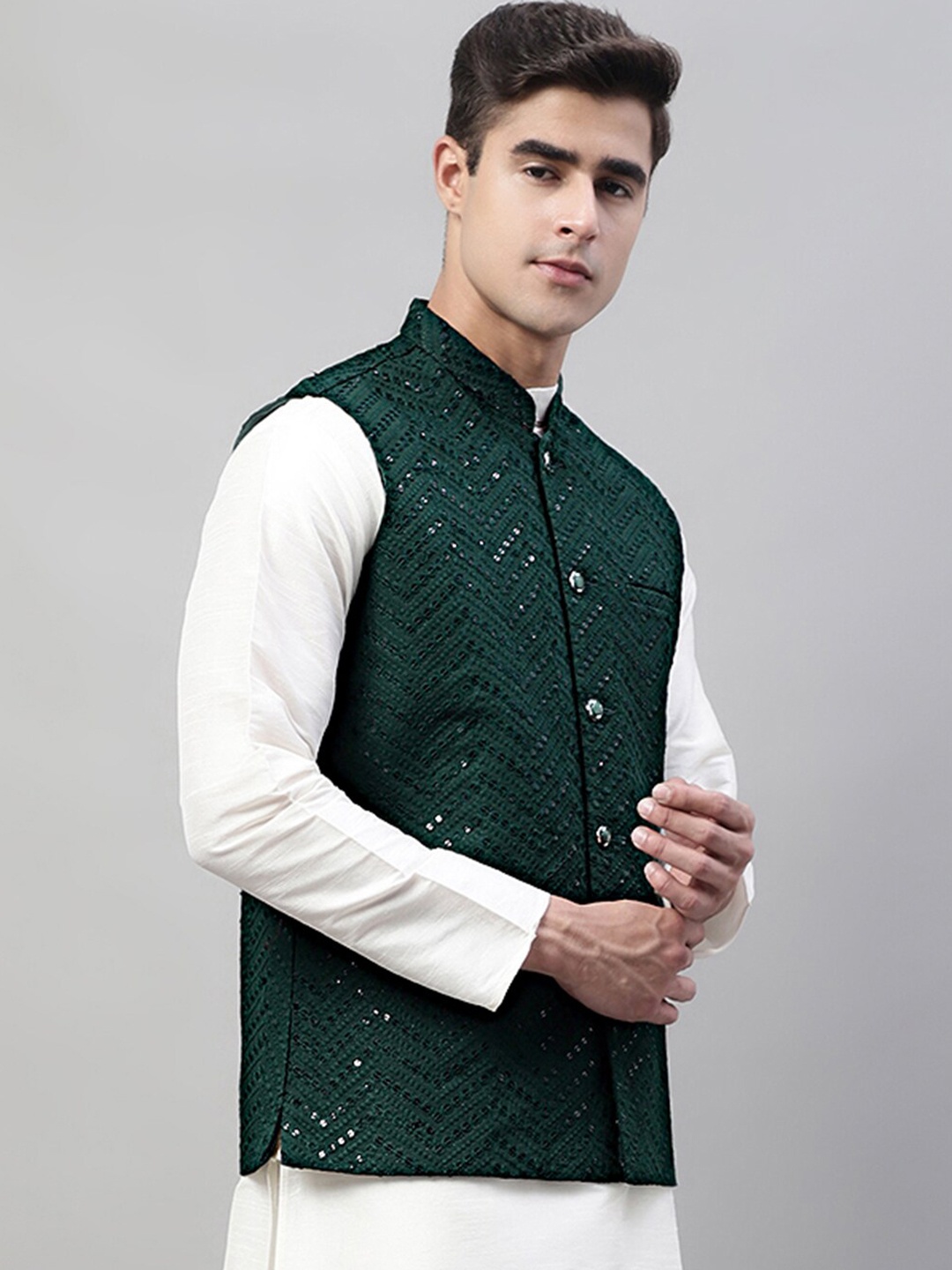 

Jompers Mandarin Collar Embroidered Sequins Nehru Jacket, Teal