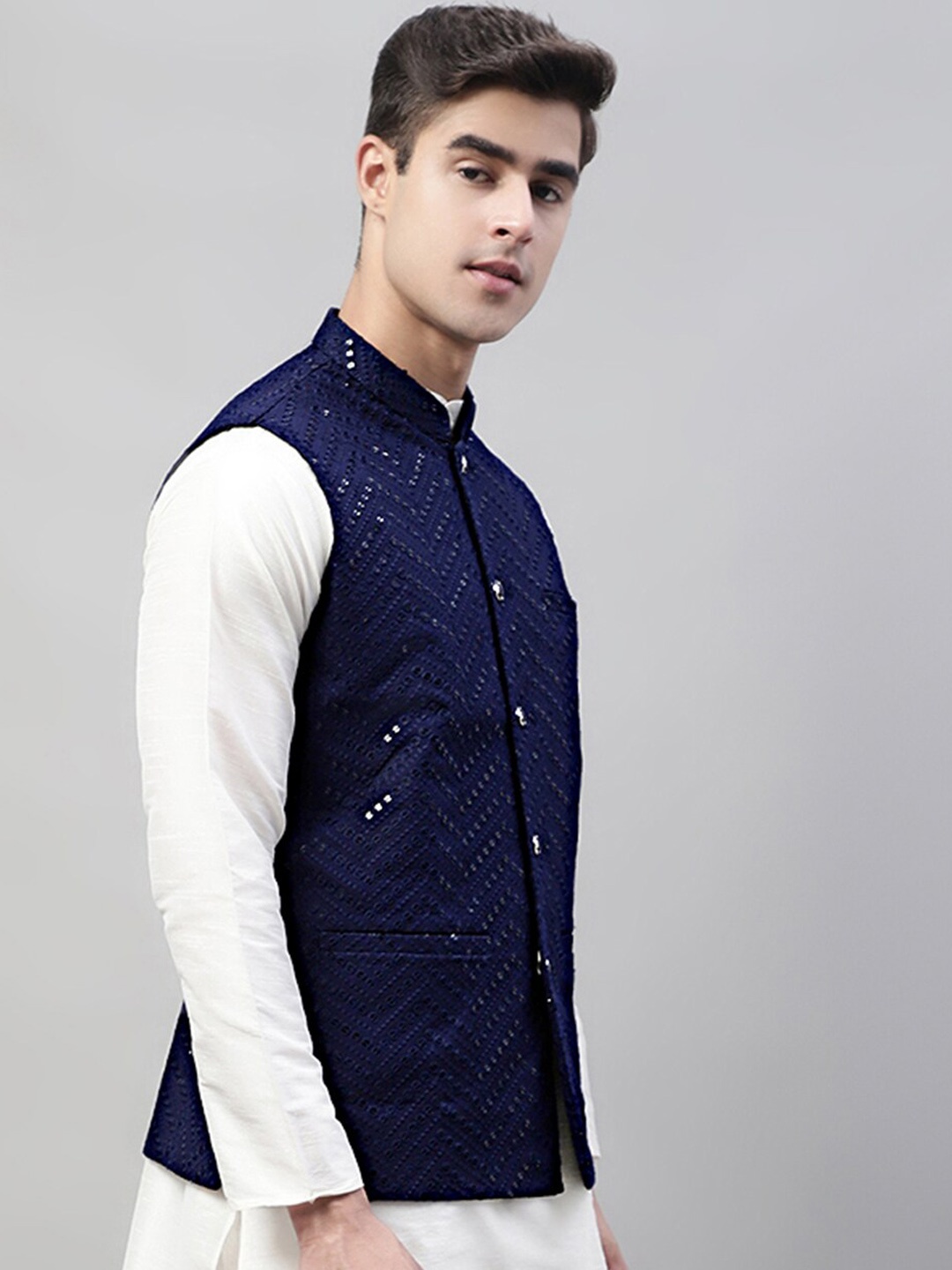 

Jompers Mandarin Collar Embroidered Sequins Nehru Jacket, Navy blue