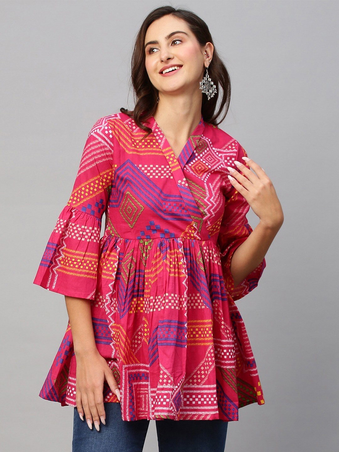 

KALINI Geometric Printed V-Neck Bell Sleeves Gathered or Pleated Pure Cotton Longline Top, Pink