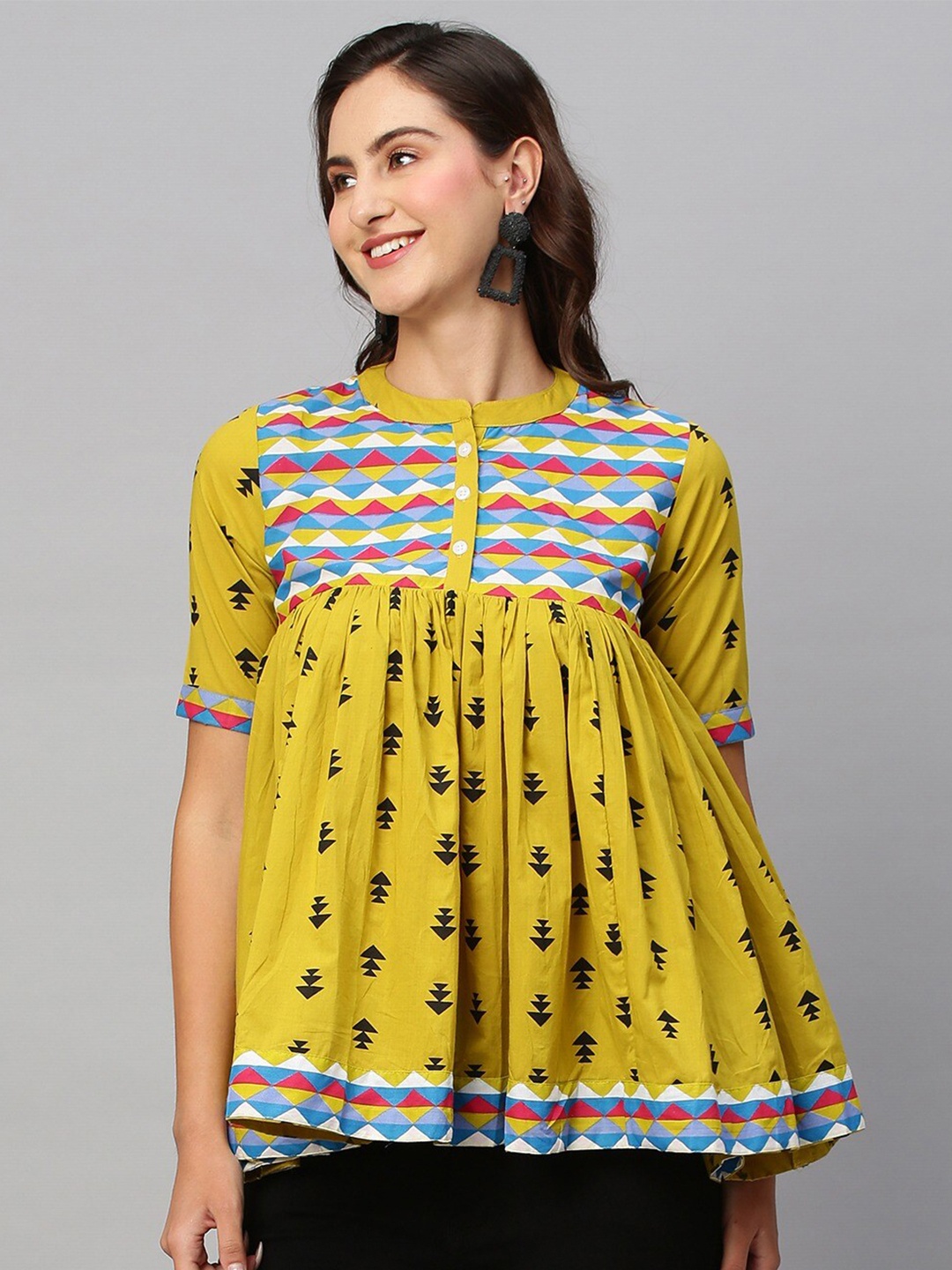 

KALINI Geometric Printed Mandarin Neck Gathered or Pleated Short Sleeves Pure Cotton Top, Yellow