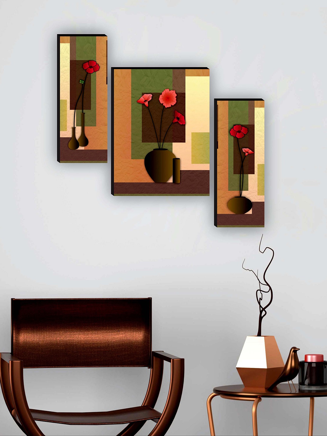 

SAF Brown & Green 3 Pieces Flower Pot UV Textured Painting Framed Wall Art