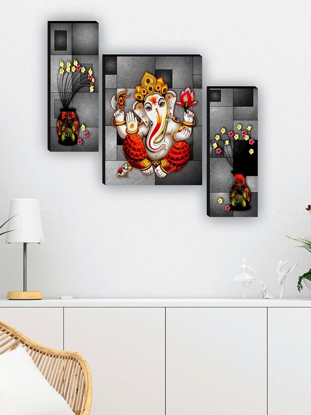 

SAF Grey & Red 3 Pieces Ganesha UV Textured Paintings Wall Art