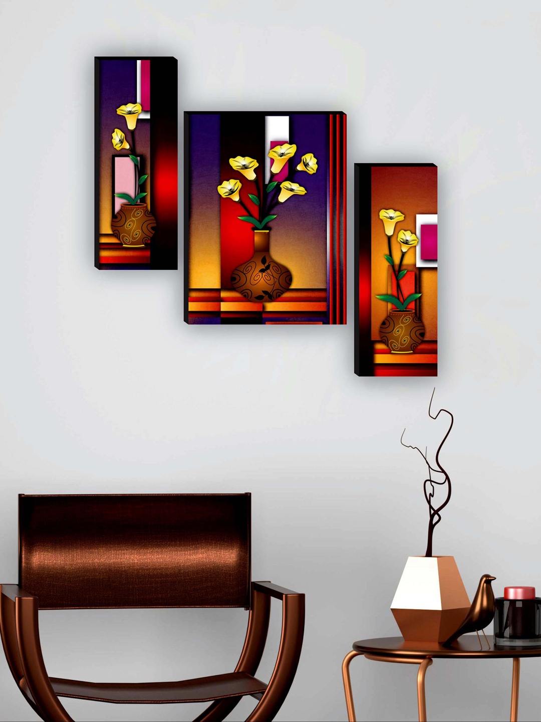 

SAF Brown & Red 3 Pieces Flower Pot UV Textured Painting Wall Art