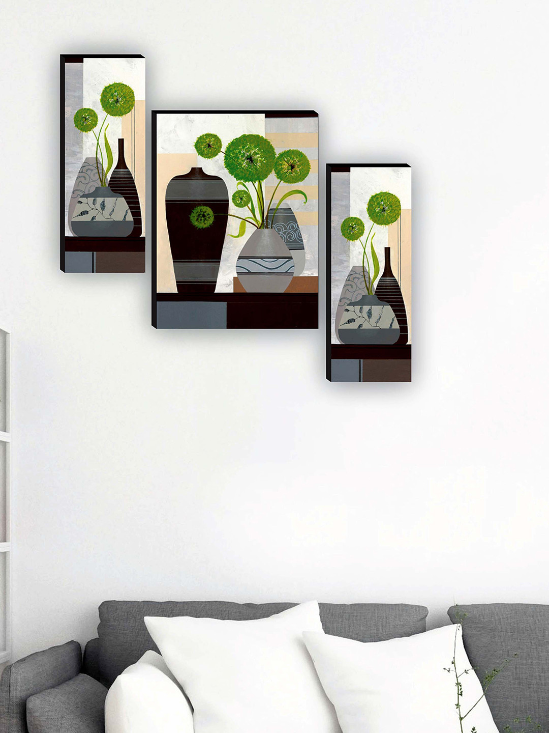 

SAF Green & White 3 Pieces Flower Pot Wall Art