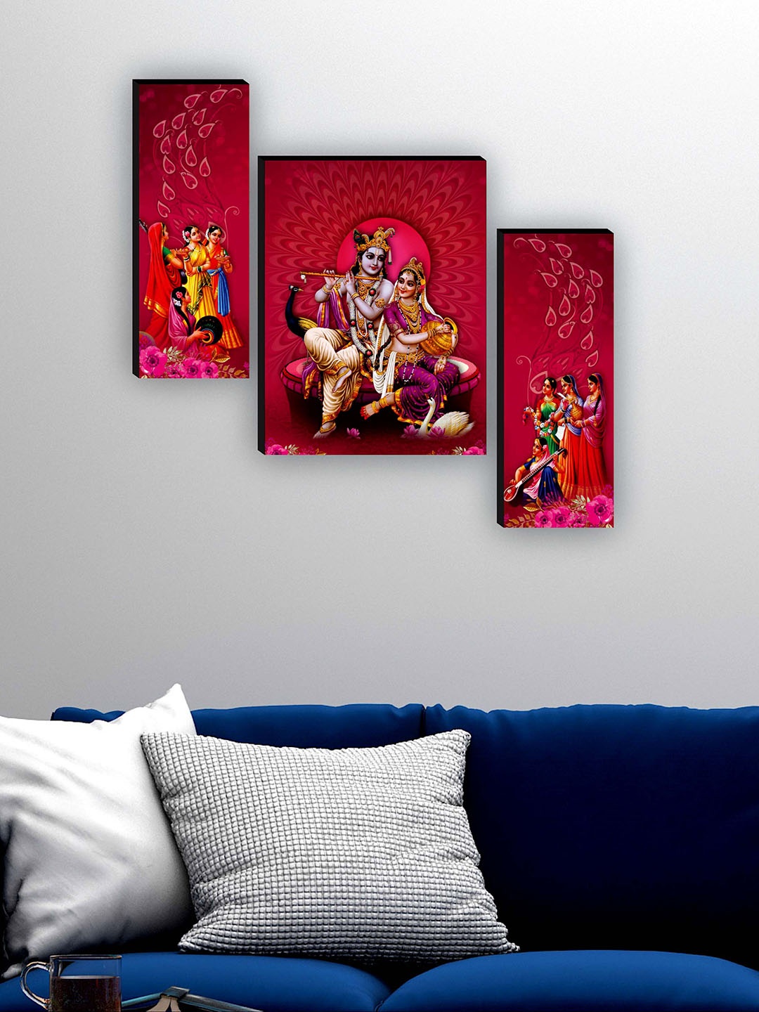 

SAF Pink & Yellow 3 Pieces Radha Krishna Printed UV Textured Framed Wall Art