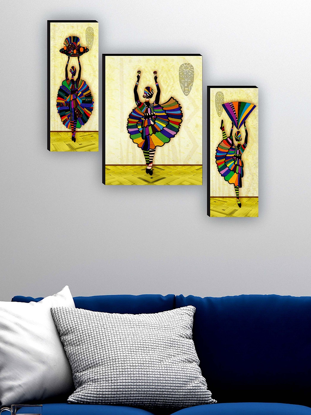 

SAF Beige & Blue 3 Pieces Traditional Dance Modern Art Painting Framed Wall Art