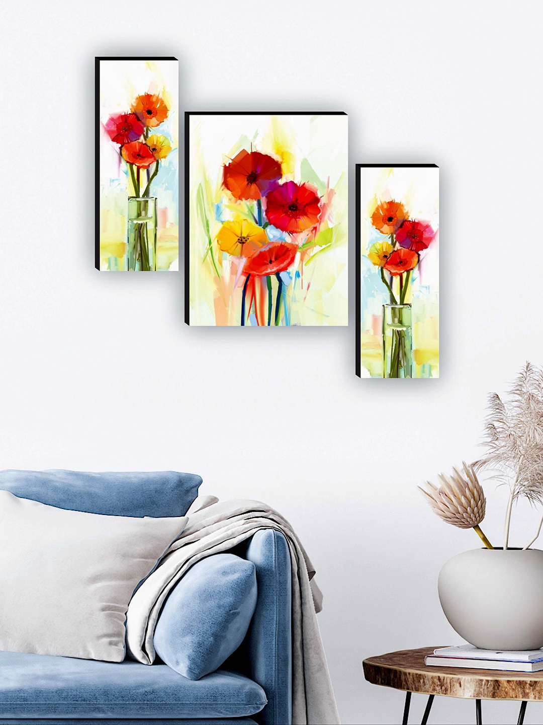 

SAF Green & Red 3 Pieces Flower Pot UV Textured Paintings Wall Art