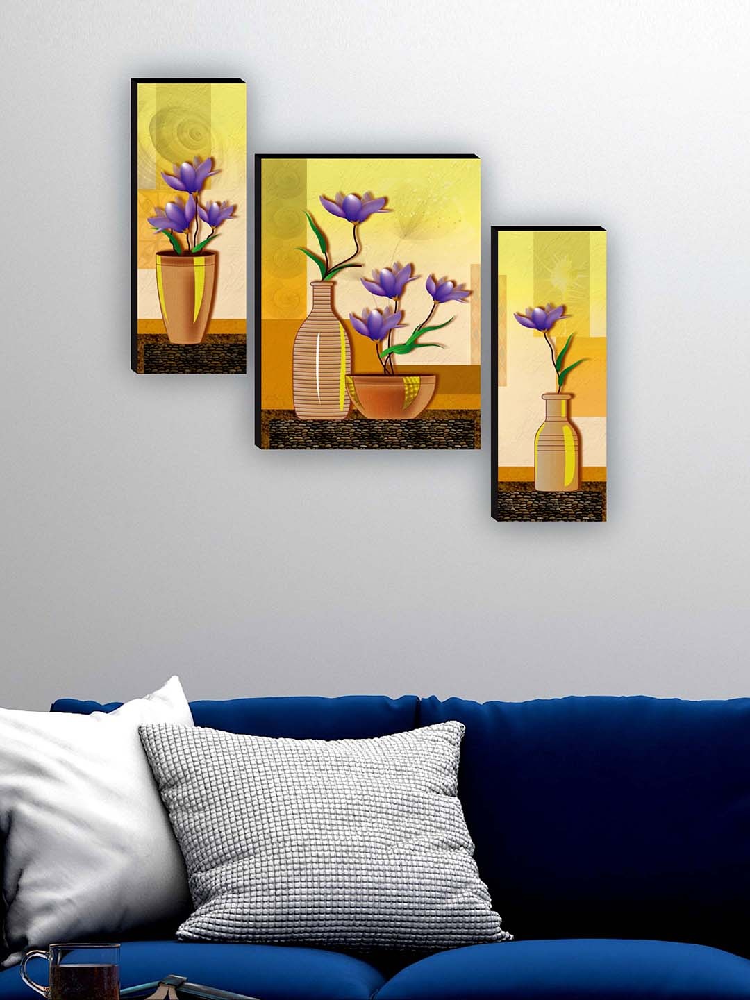 

SAF Yellow & Purple 3 Pieces Flower UV Textured Painting Framed Wall Art