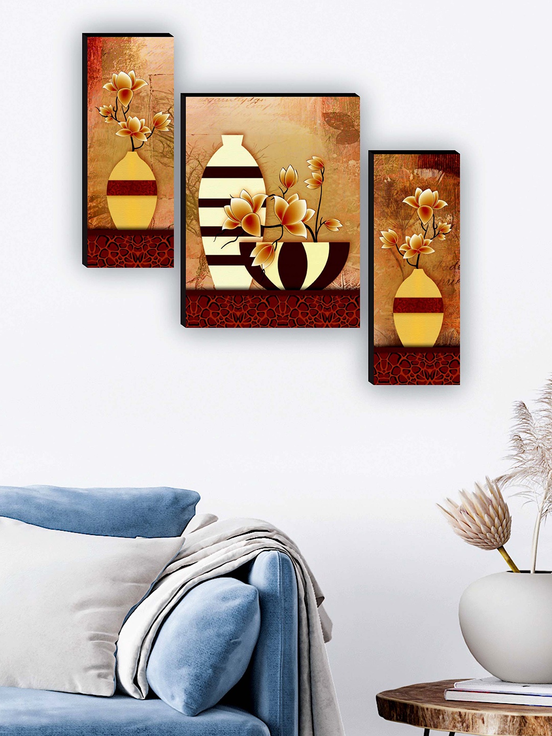 

SAF Brown & Beige 3 Pieces Flower Pot Printed UV Textured Framed Painting Wall Art