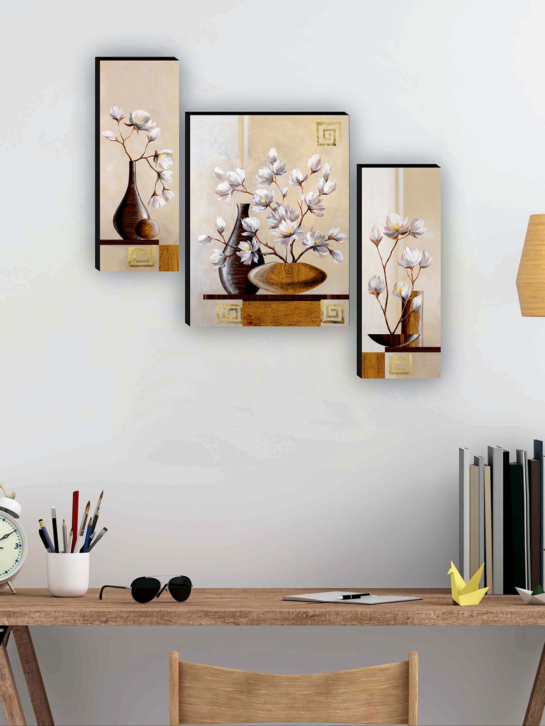 

SAF White & Brown 3 Pieces Flower Pot Painting Framed Wall Art