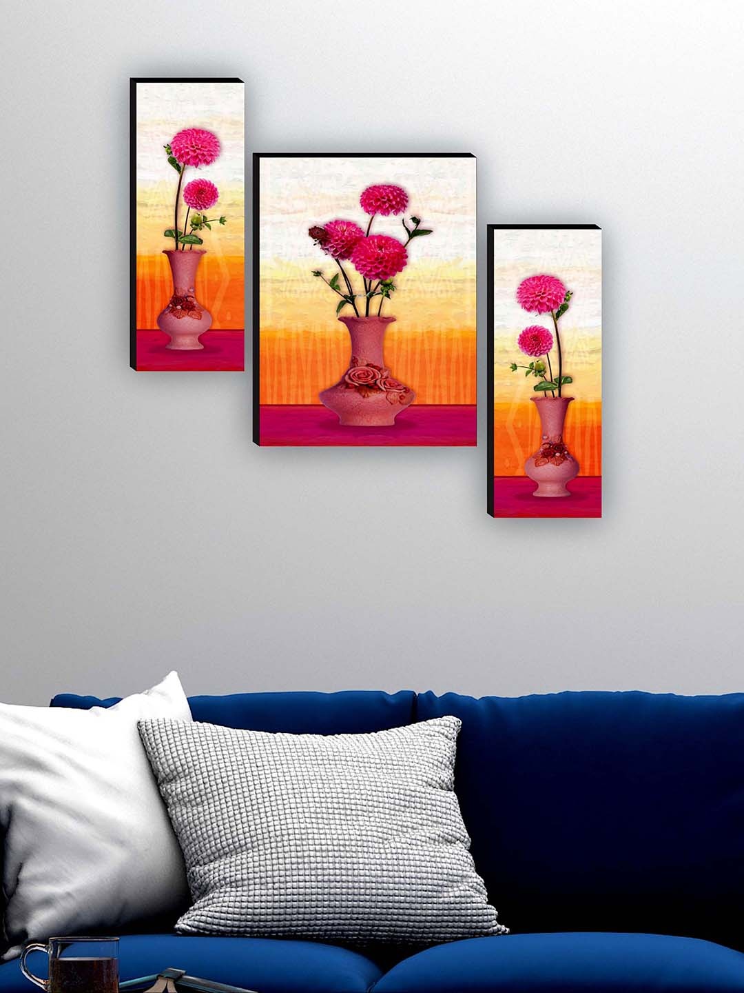 

SAF Red & Orange 3 Pieces Flower Pot Paintings Waterproof Framed Wall Art
