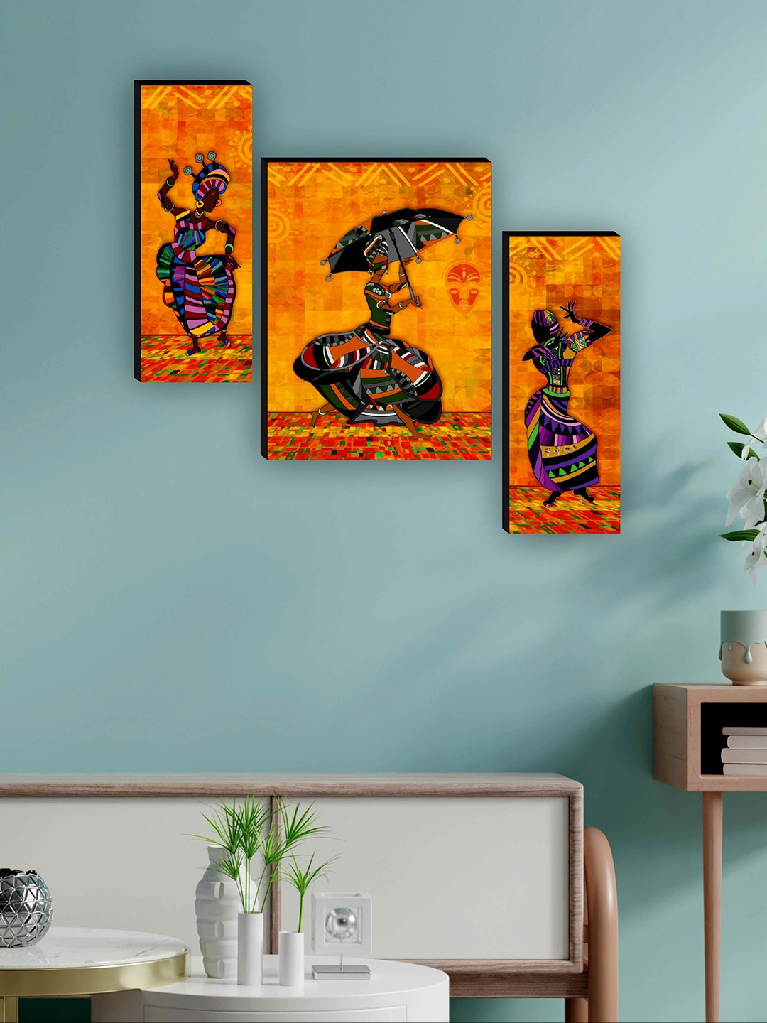 

SAF Orange Colored & Black 3 Pcs African Lady Dancing Modern Art Painting Wall Art