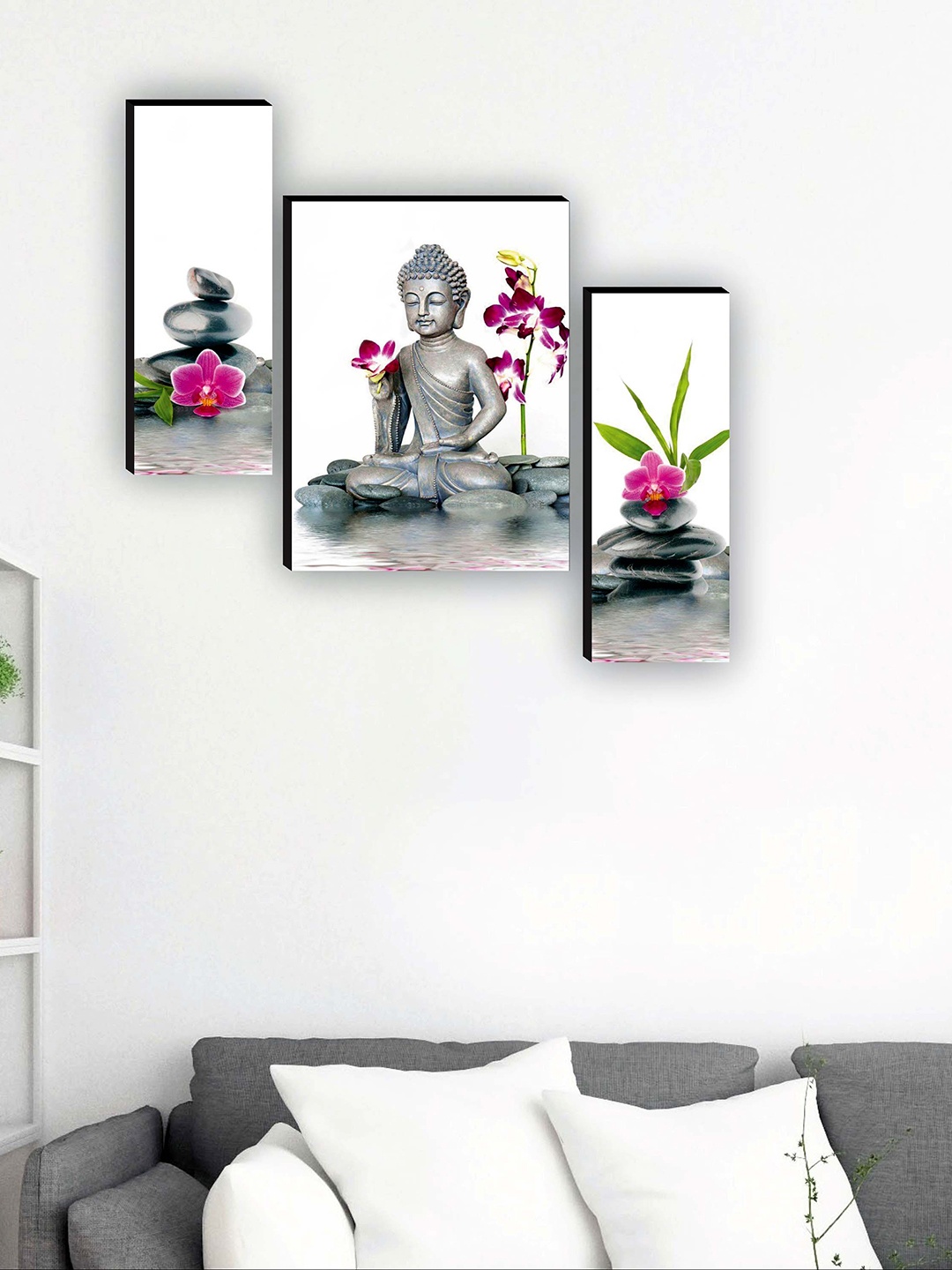 

SAF Grey & White 3 Pieces Buddha Paintings Framed Wall Art