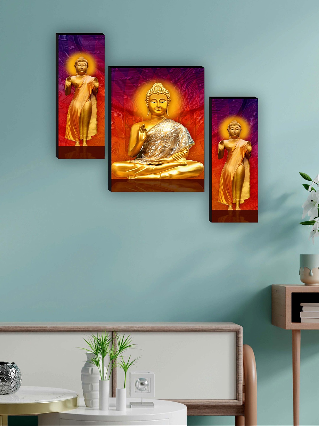 

SAF Mustard Yellow & Red 3 Pieces Buddha UV Textured Painting Framed Wall Art