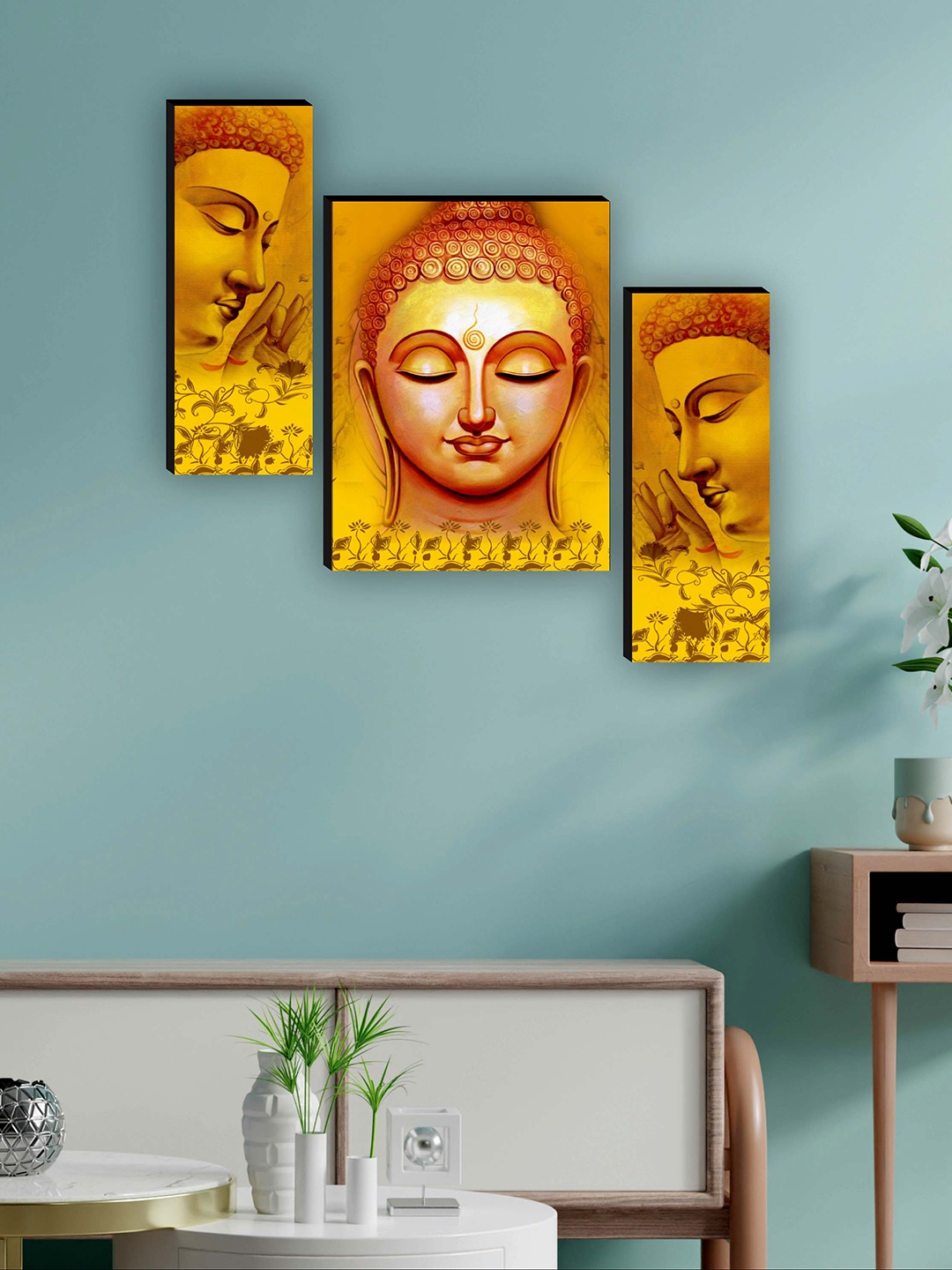 

SAF Mustard Yellow & Yellow 3 Pieces Buddha UV Textured Painting Framed Wall Art